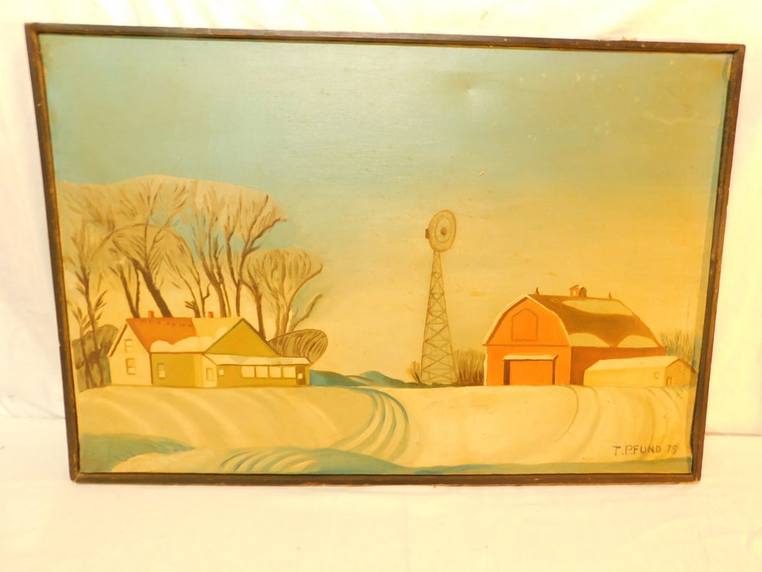 T. Pfund, Farm Painting "Winter Time": T. Pfund, Farm Painting, signed ' '75, oil on canvas, "Winter Time", farm buildings with windmill, black frame 18 1/2" x 27 1/2". CONDITION: Very good.