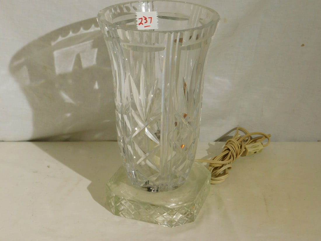 Lead Crystal Hurricane Lamp: Lead Crystal Hurricane Lamp, cut glass in vasiform, electrified, 20th C, 11 1/2"h. CONDITION: Very good.