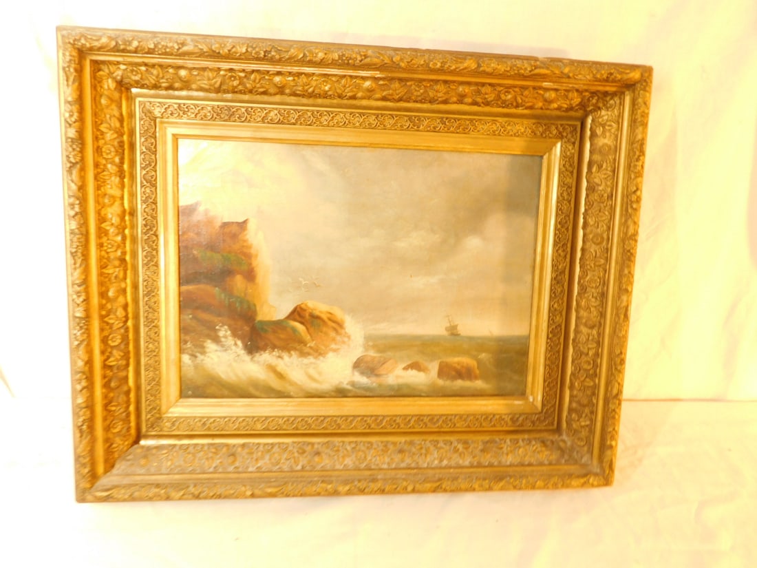 19th C, Seascape Painting: 19th C, Seascape Painting, unsigned, oil on canvas, crashing waves on rocks with distant boat, mid to late 19th C, image 10" x 14" carved and gilt deep frame 16" x 20". CONDITION: Good. Minor losses o