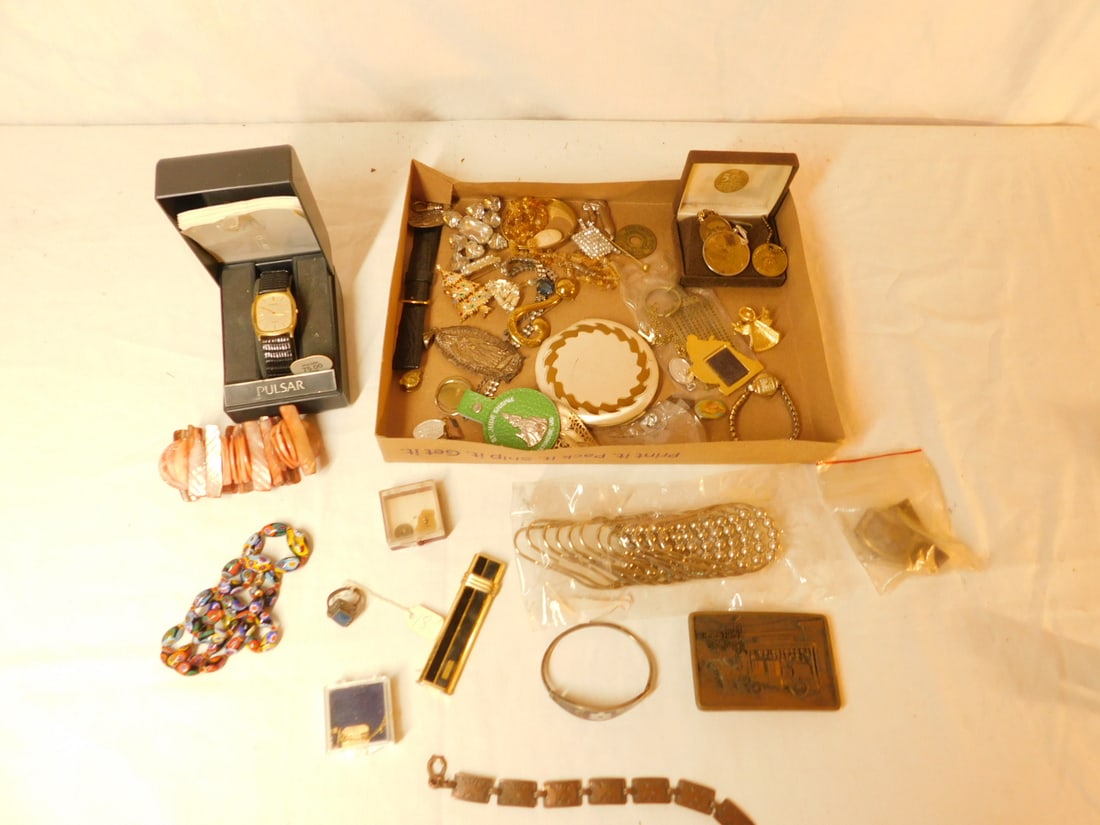 Assorted Costume Jewelry &Other: Assorted Costume Jewelry and Other, including: bracelets, a few pins, women's and men's wristwatches, belt buckle, etc. CONDITION: Some wear, no guarantee on watches.