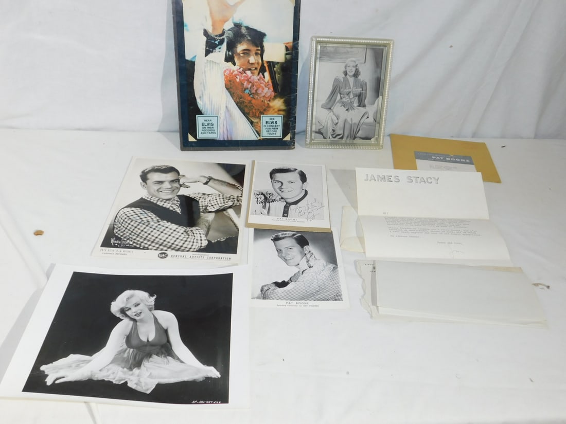Assorted Celebrity Ephemera: Assorted Celebrity Ephemera, including: two signed Pat Boone type letter (1959) on Pat Boone stationery and envelope, signed Pat Boone photos with envelope, signed James Stacy typed letter with envelo