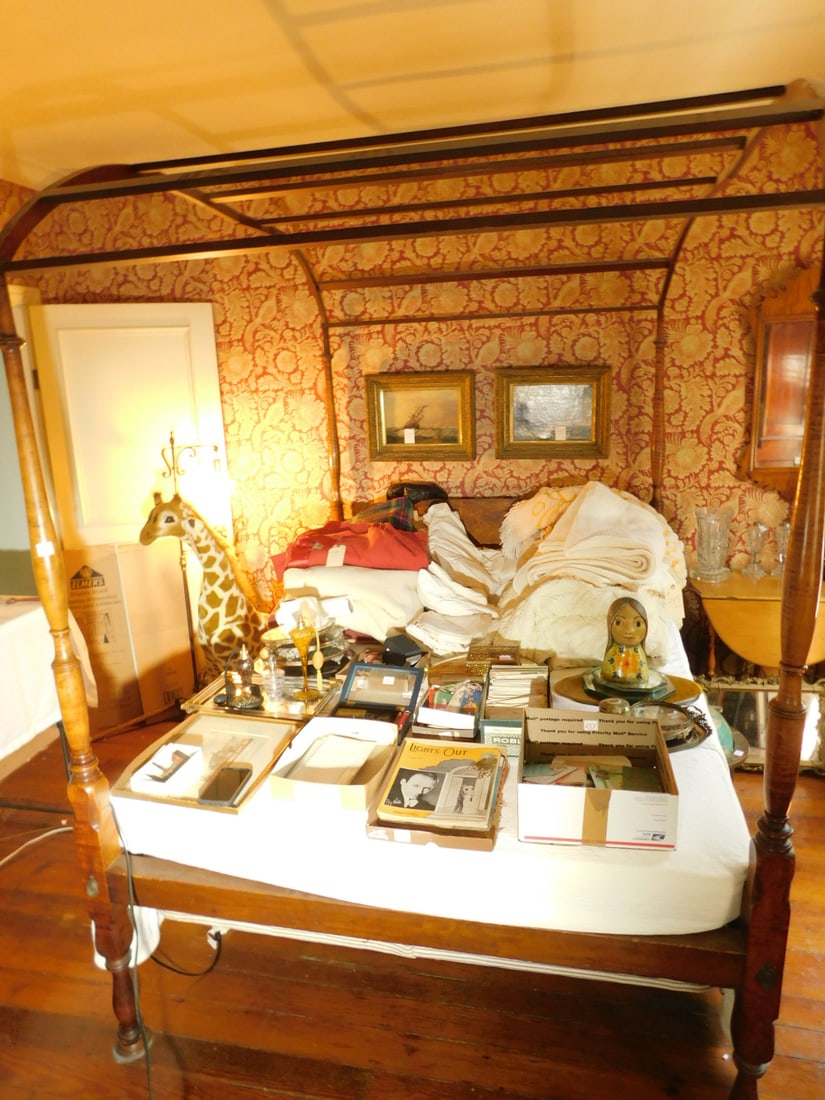 Sheraton Poster Bed: Sheraton Poster Bed, curly maple, delicately turned 75" high posts and legs with arched canopy, includes: custom fitted bedding, 80 1/2" x 60 1/2", early to mid 19th C. CONDITION: Very good.