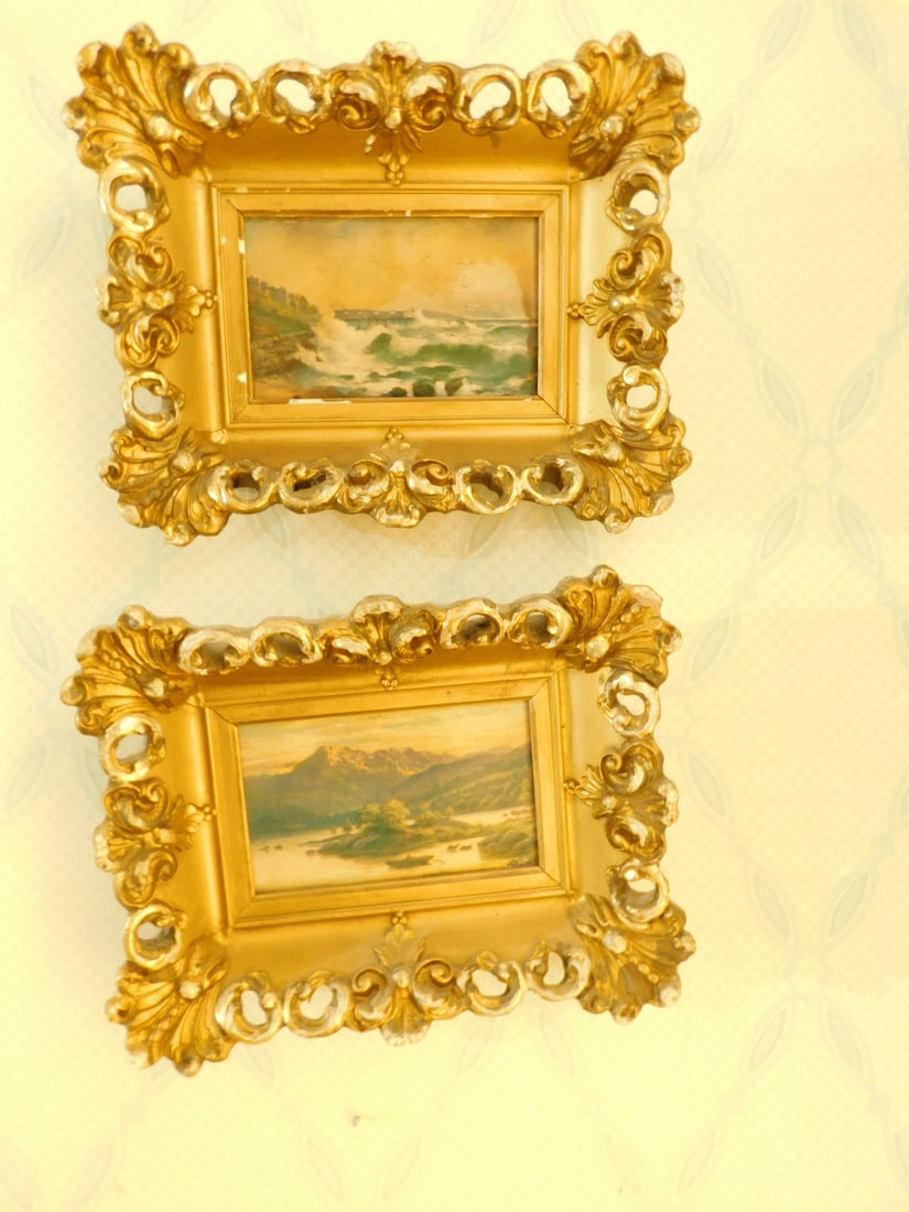 Pair Framed Coastal Pictures: Pair Framed Coastal Pictures "Oilette", color prints that appear like paintings on artist board; elaborate gilt frames, early 20th C, 9 1/2" x 7". CONDITION: Gold wear and small losses to frames.