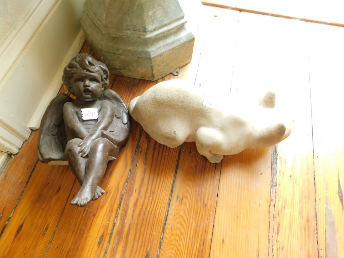 Cat & Angel Sculptures: Cat and Angel Sculptures, includes: "Made in England" concrete reclining cat with glass eyes, 14 1/2"l and a painted concrete shelf sitting angel 12"h. CONDITION: Very good.