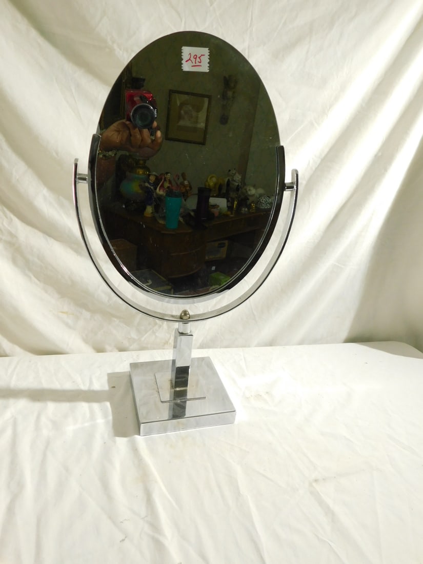 Store or Dresser Mirror: Store or Dresser Mirror, chromed metal on multi adjustable stand, mirrored on both sides, 21 1/2" x 12" x 6". CONDITION: Very good.