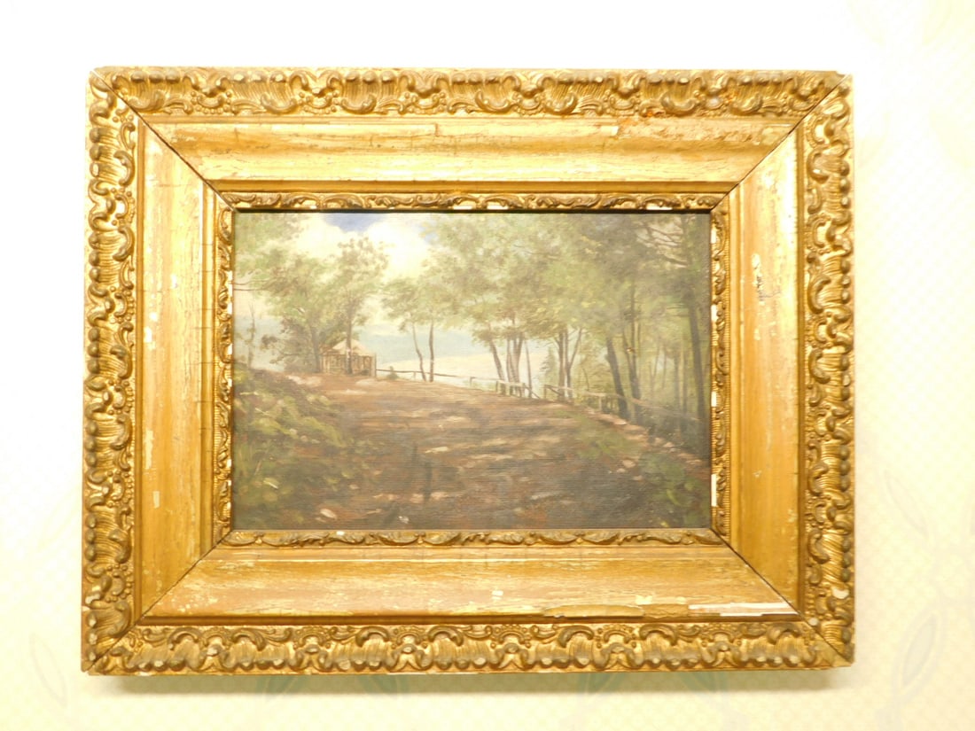 Park Scene Paintings: Park Scene Paintings, unsigned oil on canvas, summer landscape with gazebo and railing at lakes edge, image 6" x 8", carved and gilt frame 9 1/2" x 12", 19th / 20th C. CONDITION: Wear to frame.