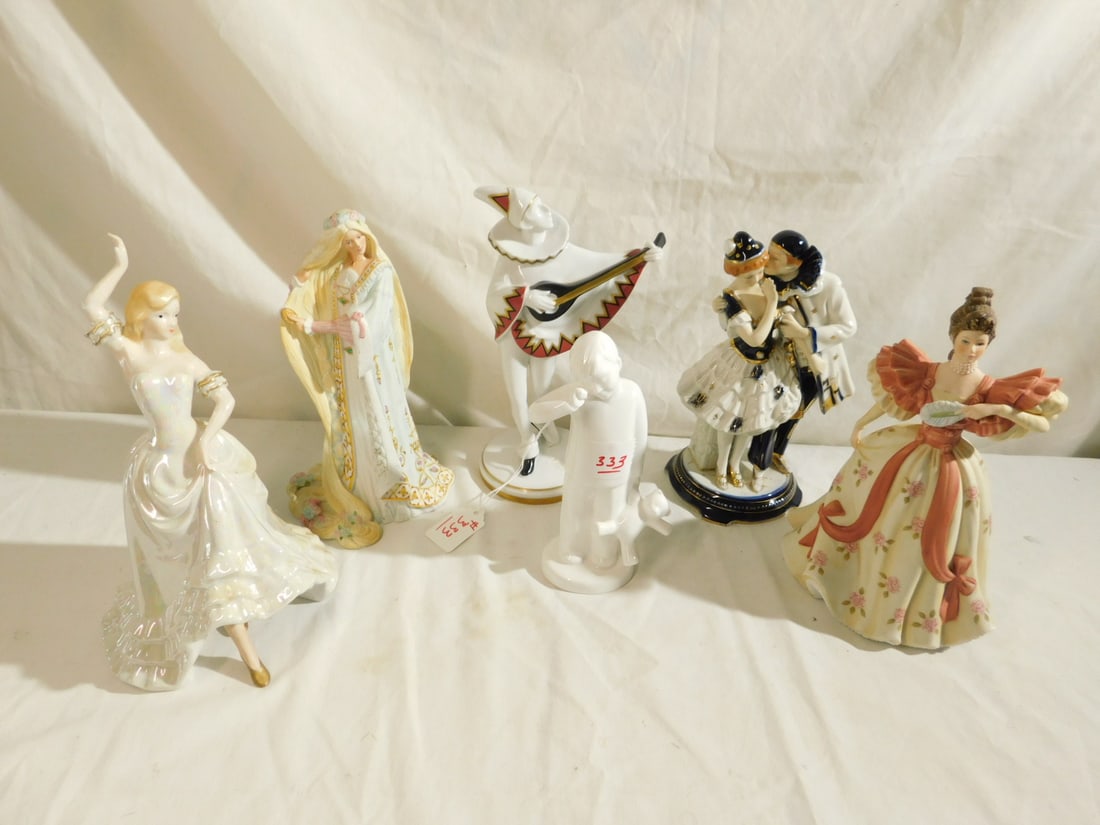 6 Porcelain Figures: Six Porcelain Figures, includes: Moriyana Deco boy and tirl, Goebel Minstrel Ltd ed 36/5000 signed artist initials, coalport "Sleepyhead", Lenox "Rapunzel' and "First Waltz", etc. tallest 8 1/2". COND