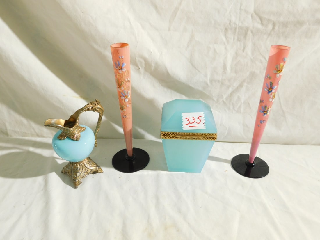 4 Victorian Glass Pieces: Four Victorian Glass Pieces, includes: a pair of floral enameled cranberry opalescent 8" vases, cast metal and blue cased glass 5" ewer, and a pale blue opaque hinged box 3" x 3" x 4 1/2". CONDITION: 