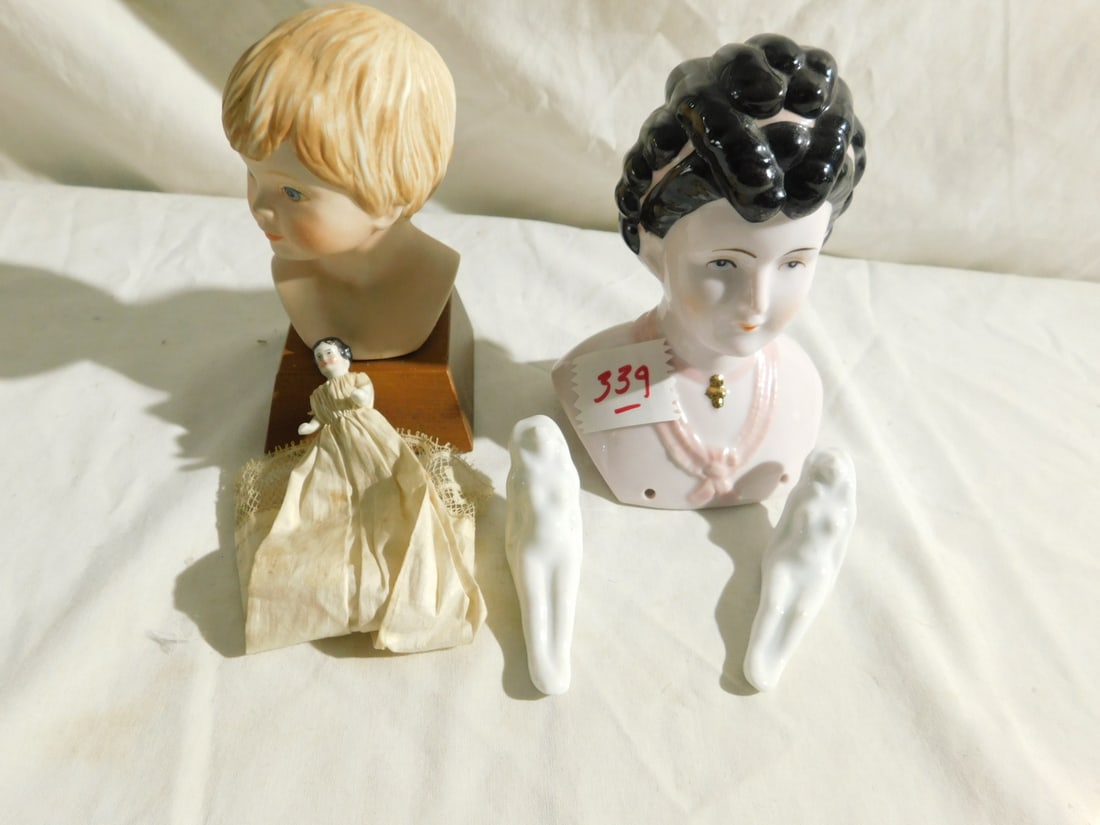 5 Vintage Dolls: Five Vintage Dolls, includes: Frances Hook - "Youth" bisque bust Ltd ed. 5"h, porcelain doll head with molded black hair, all porcelain dill head with molded black hair, all porcelain frozen Charlotte