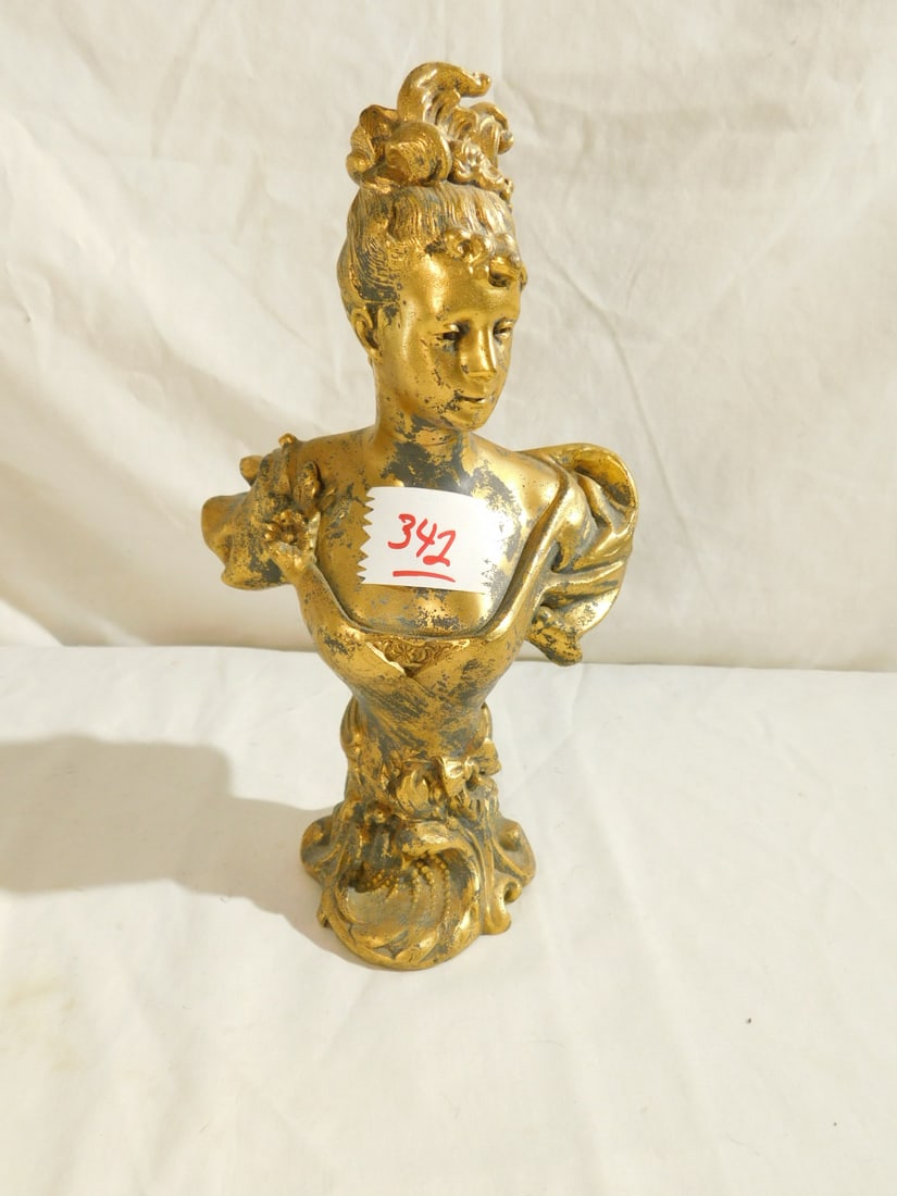 Art Nouveau Female Bust: Art Nouveau Female Bust, distressed Dore bronze finished spelter metal, 8 3/4", circa 1900. CONDITION: Very good. Areas of gilt wear.