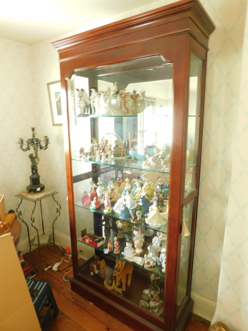 Curio Display Cabinet: Curio Display Cabinet, mahogany, beveled glass, mirror back, glass shelves, lighted, full length side doors, late 20th C. 82" x 39 1/2" x 16". CONDITION: Very fine.