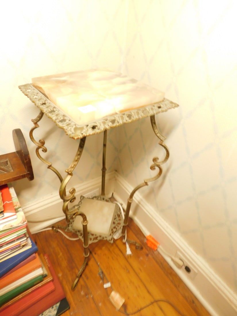 Victorian Plant Stand: Victorian Plant Stand, cast brass construction with scrolled legs, onyx top and base shelf, late 19th C, 12" x 31" x 12". CONDITION: Light tarnish, a few rough onyx edges.
