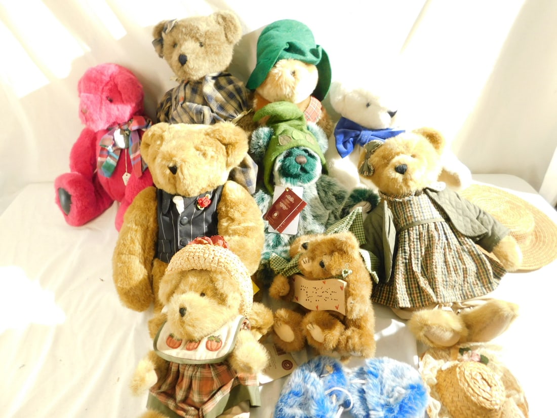 9 Teddy Bears: Nine Teddy Bears, assorted sizes, colors and outfits. CONDITION: Mostly very good.