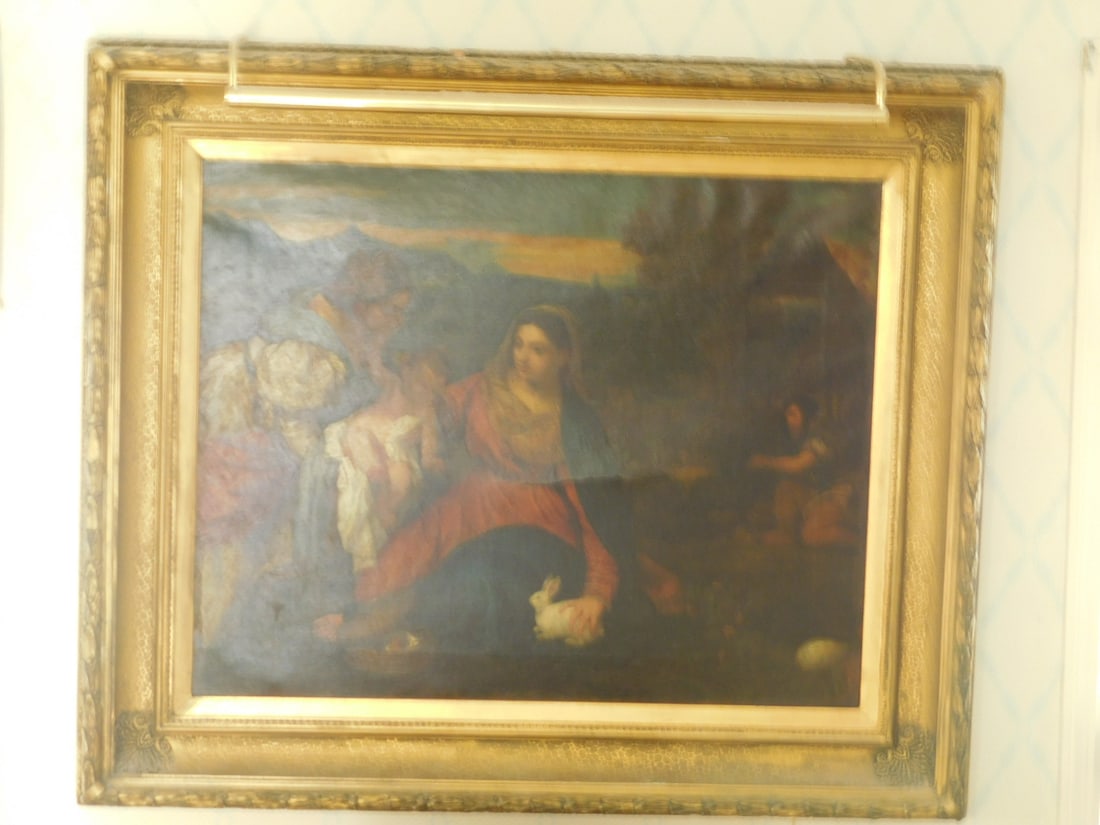19th C Religious Painting: 19th C Religious Painting, unsigned, oil on canvas, "Mary and Jesus Visit Elizabeth", in a pastoral setting, image approx 28" x 36", wide carved and gilt frame approx. 38" x 44". CONDITION: Line tear 