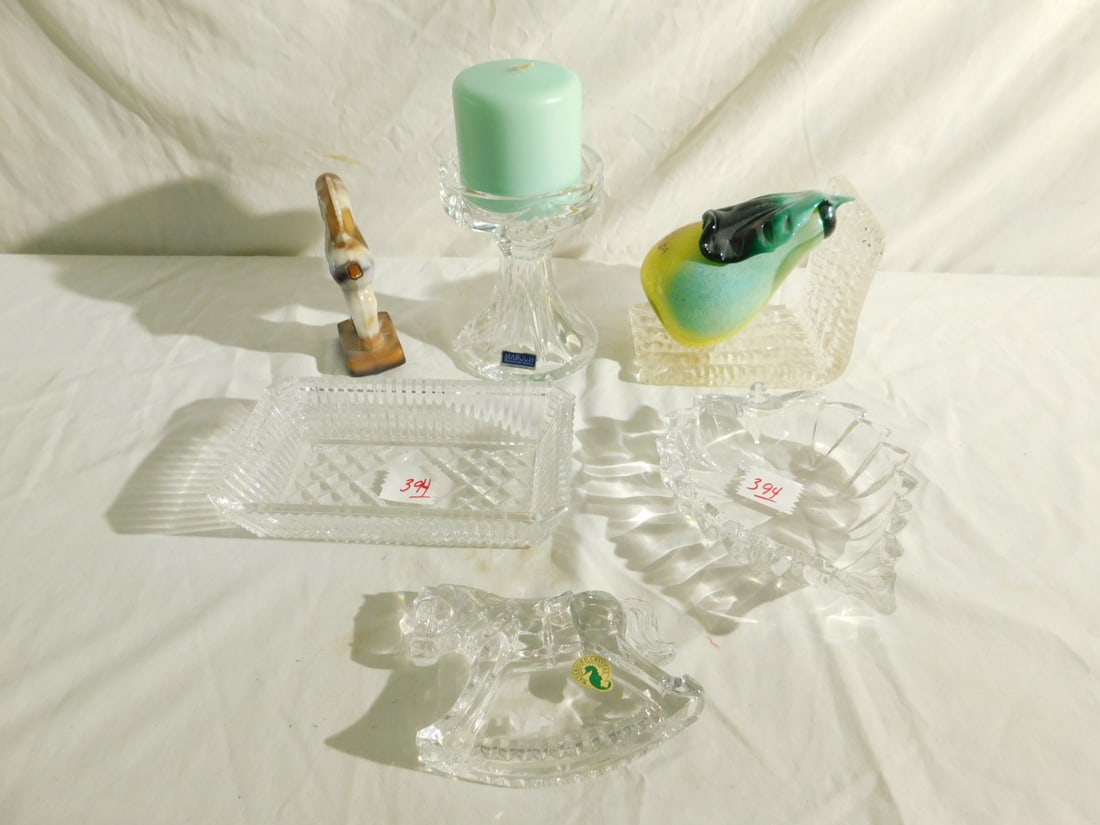 Waterford & Other Glass: Waterford and Other Glass, including: Marquis candle stand (with candle), 5 1/2"h x 4"d and rocking horse paper weight, 5" x 3 7/8" x 15/16", one slag glass horse figure, 5 1/"h, glass bookend with co