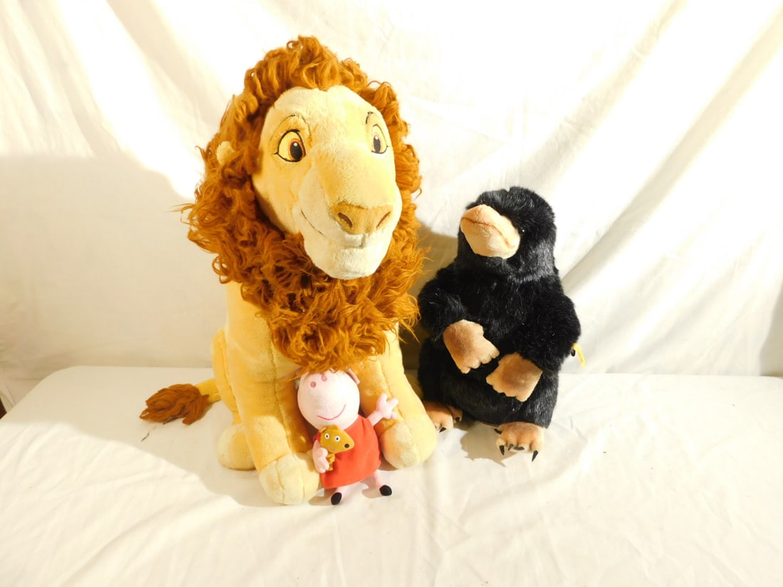 Steiff "Niffler" Stuffed Figure and other: Steiff "Niffler" Stuffed Figure, from Harry Potter's fantastic beasts and where to find them, 13 1/2" h, with button and tag, plus attached Steiff booklet. and Two Stuffed Animals, including: The Disn