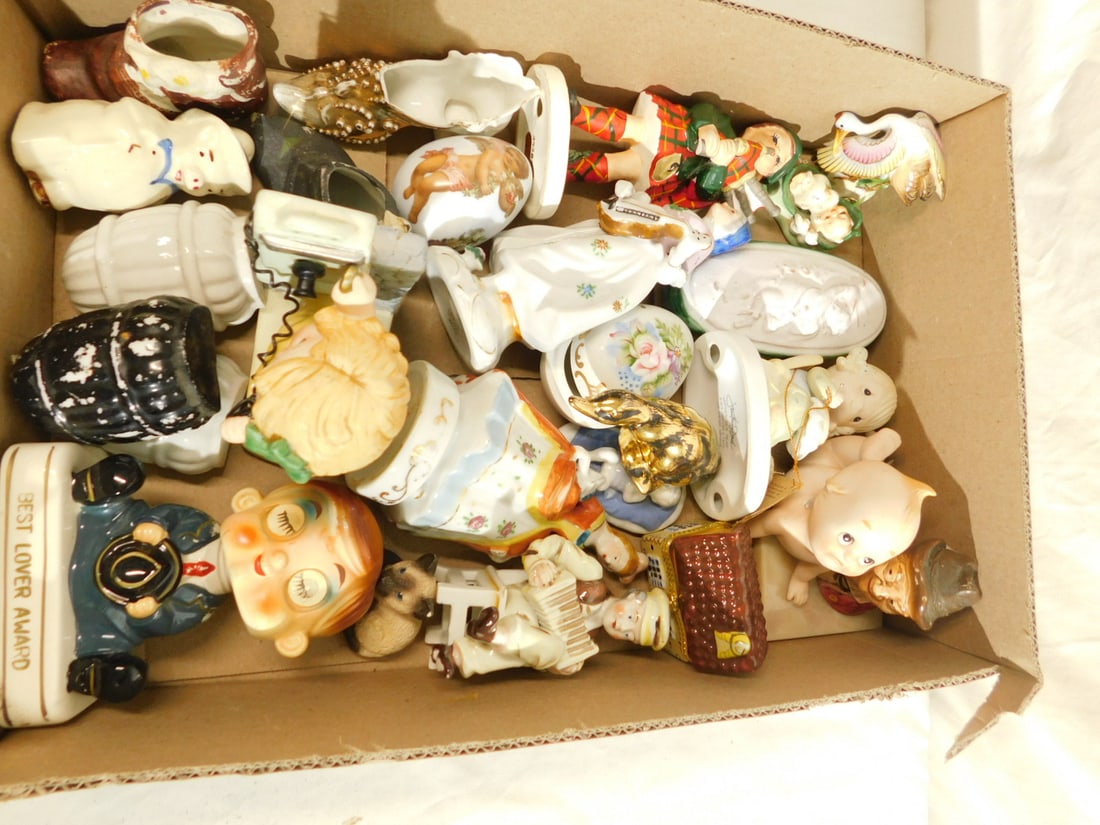 Porcelain Figures & Other: Porcelain Figures and Other, including: occupied Japan, Lefton, Jonathan David and other, sailor, Victorian women, Campbell's Kid, bobblehead with flicker eyes, eggs, shoes, etc. CONDITION: May have m