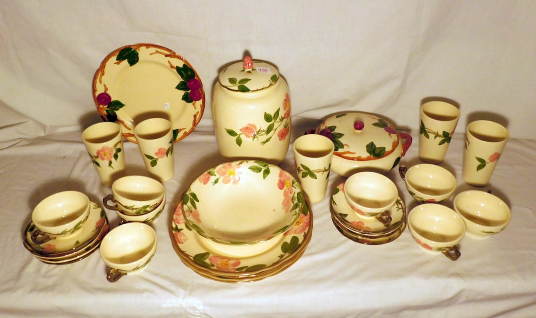 Franciscan China Group: Franciscan China Group, Desert Rose: four 11' plates; 12" cookie jar; 9"d bowl; five 5 1/4" tumblers; seven cups and eight saucers; Apple pattern; one 10 1/2" plate and 9"d covered vegetable. CONDITIO