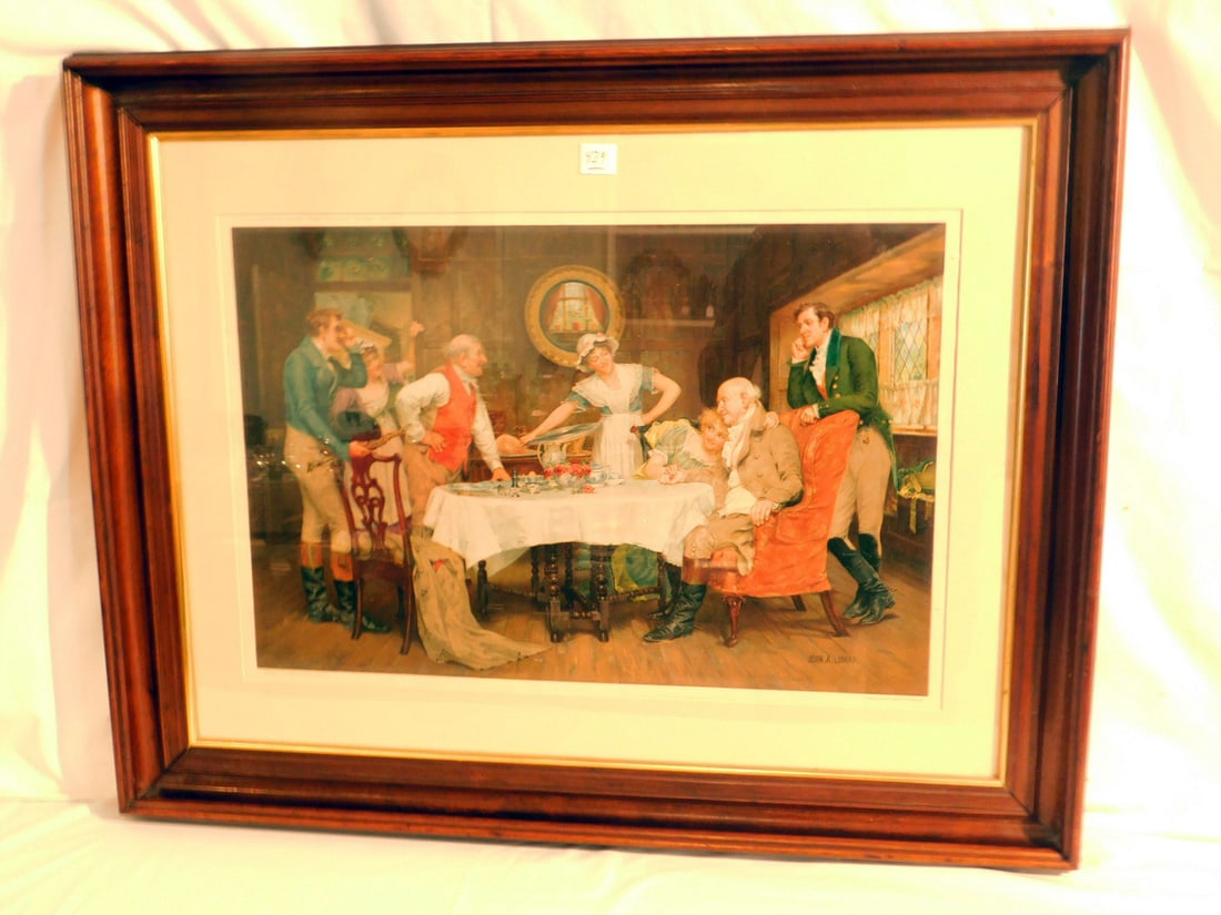 John A Lomax Family Table: John A Lomax Family Table, chromolithograph from "The Illustrated London News", Oxford Smith printer, 7 people around a table, early 19th / 20thc. matted in deep walnut from 28 1/2" x 35 1/2". CONDITI