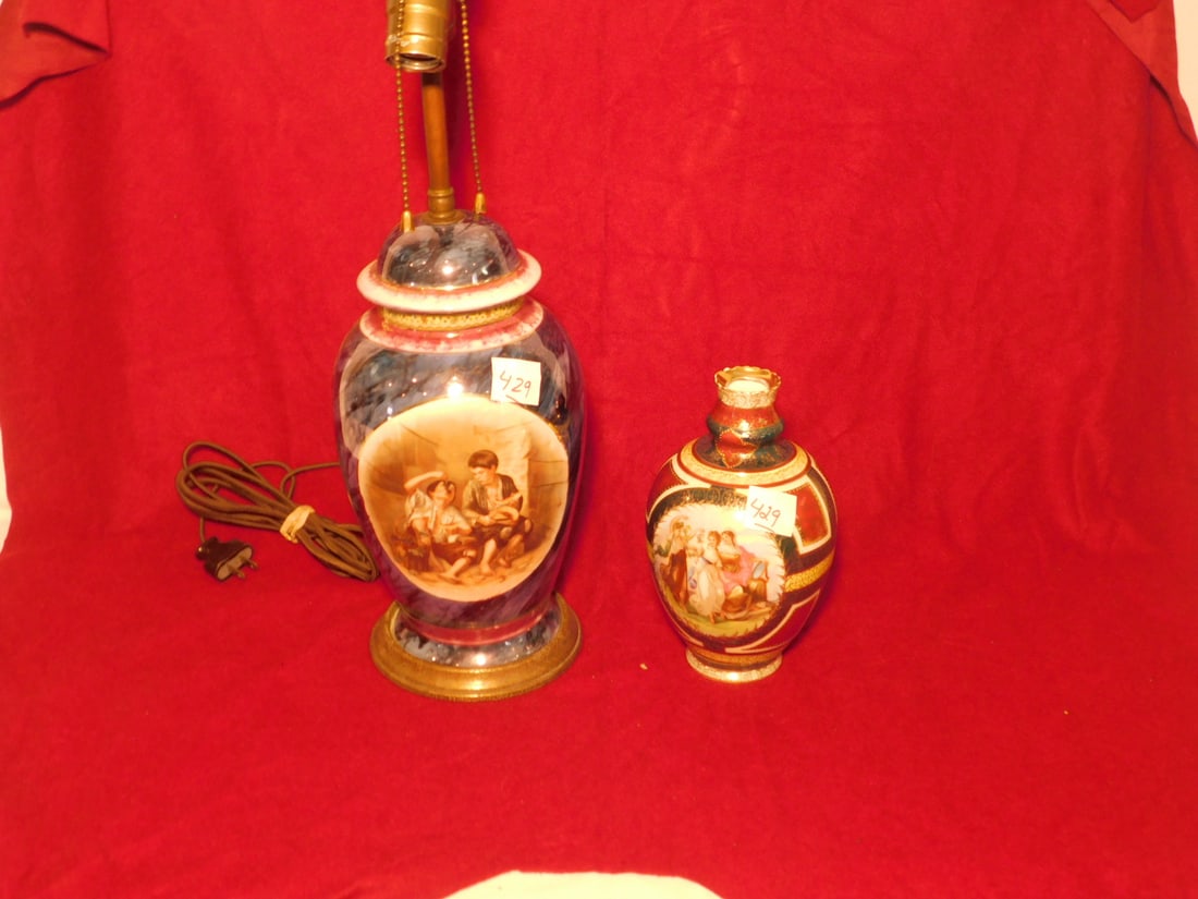 Royal Vienna Vase & Lamp: Royal Vienna Vase & Lamp porcelain, includes: 8" beehive mark vase with 3 dancing figures transfer print (tiny flake on top rim) and a marbelized blue irredescent ginger jar lamp with transfer print o