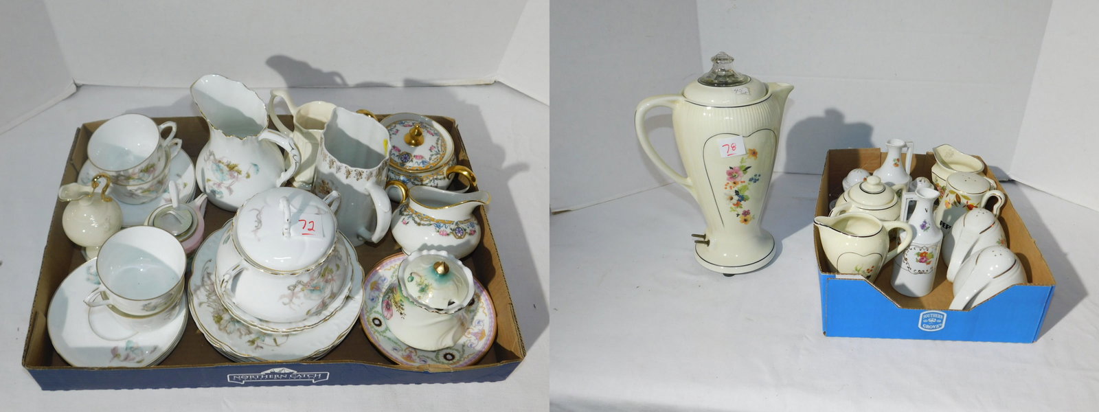 Assorted porcelain dinner ware: Assorted porcelain dinner ware including: partial German dessert set with creamer and sugar, cup and (5) plates, Limoges creamer and sugar, Bavarian pitcher and floral condiments, etc. Condition: good