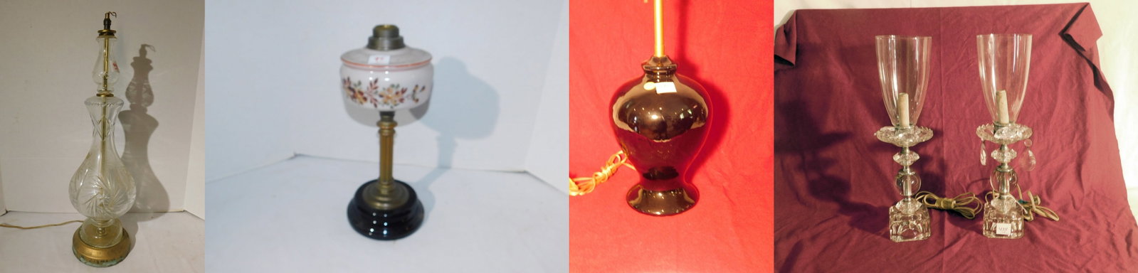 4 Lamps: Fluid lamp, milk glass font, floral transfer ware decoration, metal column with black onyx glass base, 15" h. (missing burner and wick, no shade. Condition: needs cleaning, Crystal glass lamp with sta