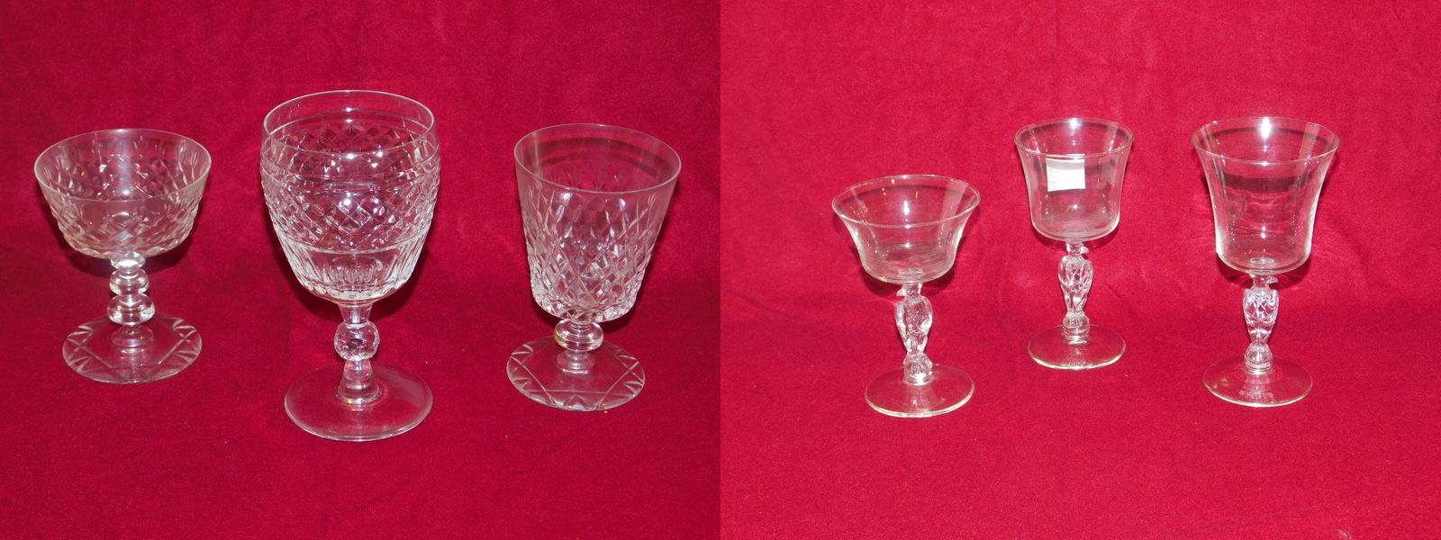 Crystal Stemware: Twenty-two Goblets, similar cross hatch patterns, includes: eight 6 1/2: water, seven 4 3/4" champagnes, seven 5 1/4" wines. CONDITION: Very good. Plus: Liberty Bell Crystal Goblets, Libby Glass Co. w