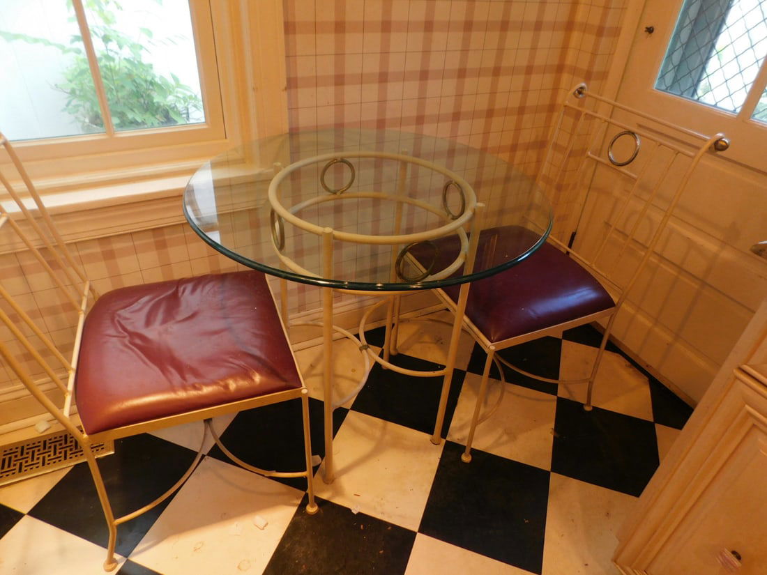 3 Pc Kitchen Set: 3 Pc Kitchen Set painted tubular iron construction with plated ring embellishments, includes: 30"D molded edge glass top table and two 35"h side chairs, late 20th c. CONDITION: good used, light wear.