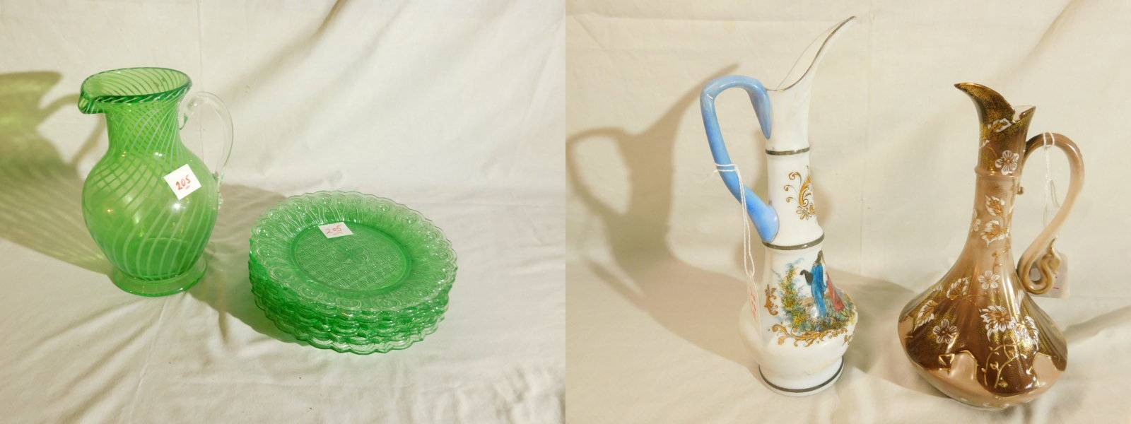 Glass Plates & Pitcher: Glass Plates and Pitcher, includes: green and opalescent swirl hand blown glass 8 1/2" pitcher and six green sandwich type molded glass 8 1/8"d plates. CONDITION: Very fine. Two Antique Ewers, include
