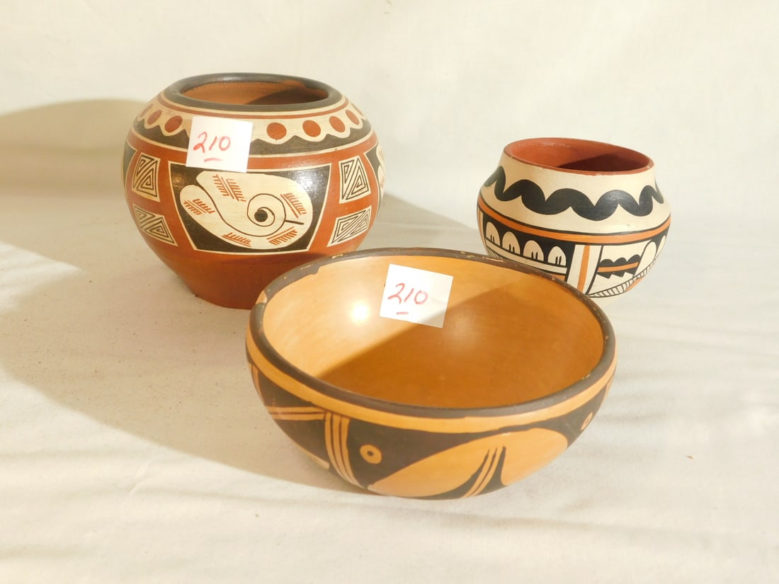 3 Native Indian Vessels: Three Native Indian Vessels, includes: "SCC" signed 5 3/4"d, bowl (edge chip); A. Taloya / J. Meziun signed 4"h pot and an unsigned 4 3/4"h pots. CONDITION: Mostly very good.