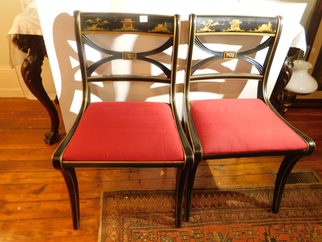 Pr Japanned Side Chairs: Pair Japanned Side Chairs, Federal style, black lacquered with gilt scenic panel and border trim, red cloth slip seats, mid 20th C, 33 1/2". CONDITION: Very good.