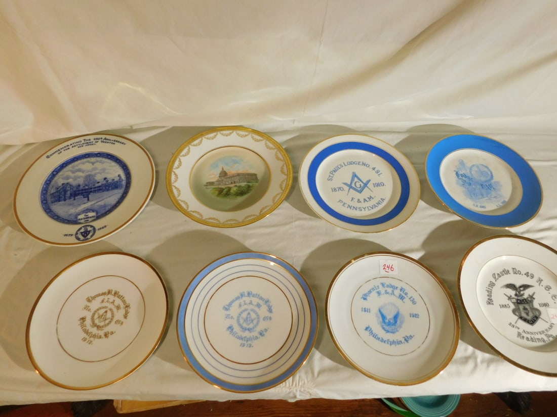 9 Masonic Plates: Nine Masonic Plates, includes: seven assorted Pennsylvania Lodge plates, early 20th C. from 9" to 10"d, plus: a Lamberton Co. 1925 - 250th Anniversary of Trenton, NJ, and a Bavarian "The Capitol - Was