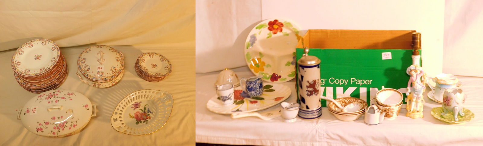 Assorted China Group: China Dinner ware group includes: Meakin floral and wreath pattern covered tureen, 10 dinner plates, 12 desert plates, 12 B & B plates; Czechoslovakian Covered tureen, and a Bavarian reticulated 11"L