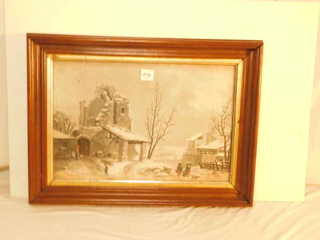 Dan Loo Castle Print: Dan Loo Castle Print, 1804, color print on paper, winter castle remnants with figures, ogee walnut frame, 18" x 22". CONDITION: Water stains along edges of print, areas of light wear on frame. Not exa
