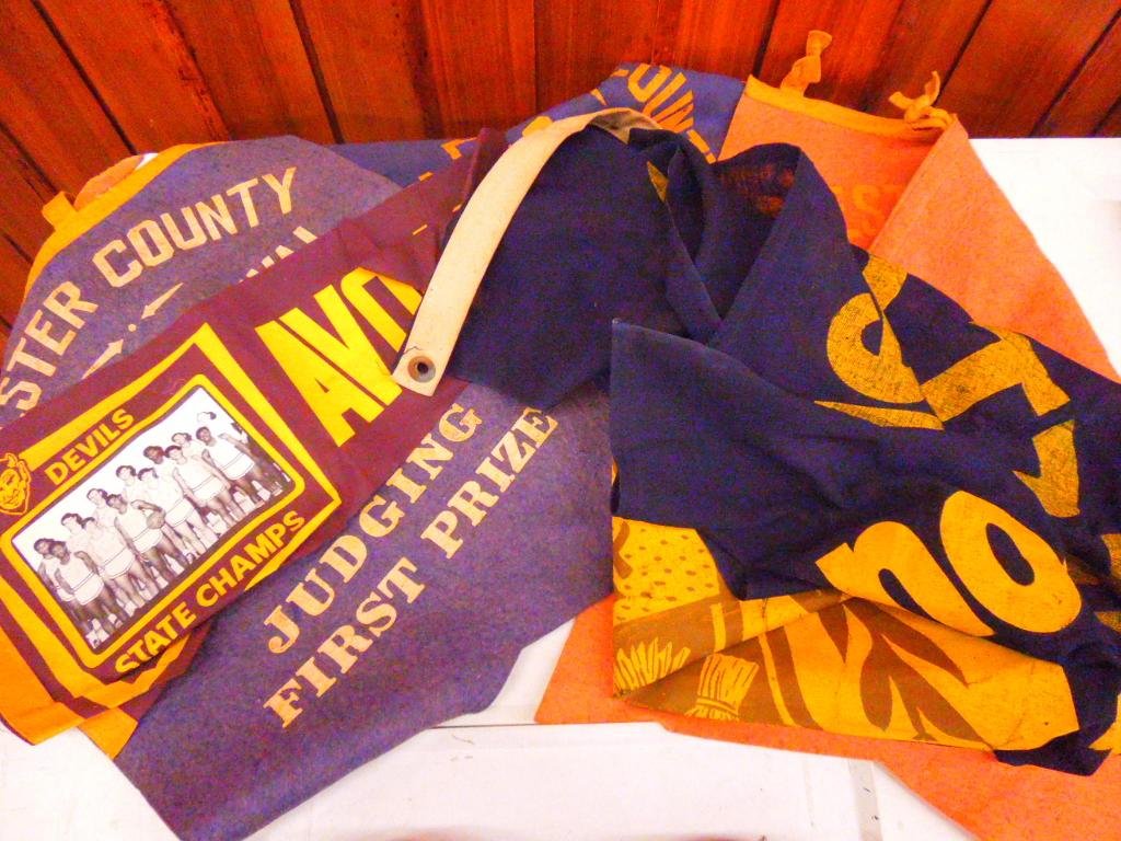 Vintage Chester County Banners: Tray lot, [5] assorted Chester County, PA banners / pennant early to mid-20th C.: Chester County Play Festival, 1921; 23; "West Chester / Founded 1799"; Avon Grove Devils Basketball team pennant (1960