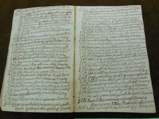 Quaker Weather Diary, 1858-68: [MS.] Anonymous Quaker Weather Diary, Jackson Family, Chester County (PA): 1858-68; bound in with a farmer's ledger and other accounts, apparently in the same hand: 1840-57. CONDITION: covers lacking;