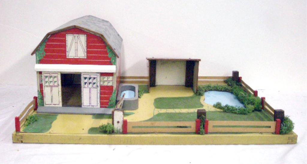 1950's Keystone Farm: 1950's Keystone Mfg. Co. lithographed wood Keystone Farm. CONDITION: Areas with wear and or loss, one detached portion of fence.