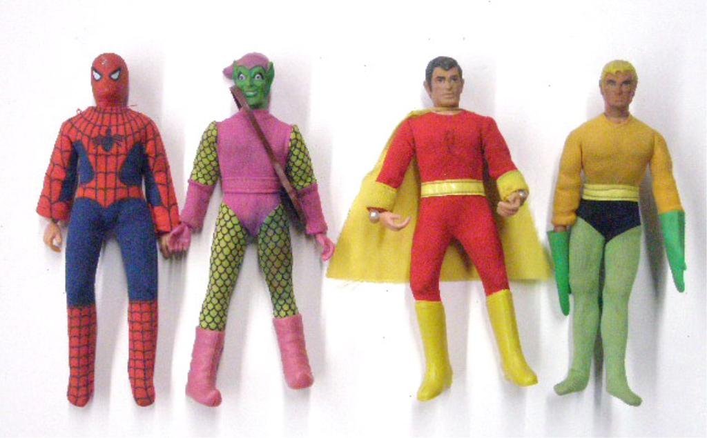 1970's Mego Super Heroes Action Figures: 1970's Mego Corporation Spider Man, Green Goblin, Shazam and Aquaman World's Greatest Super Heroes action figures. CONDITION: All have some form of wear.