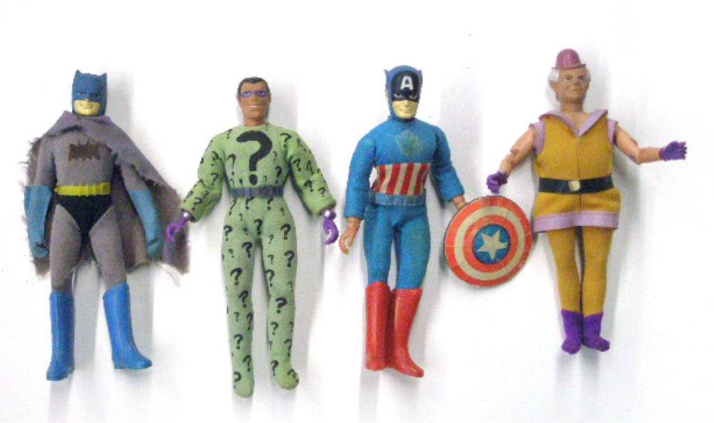 1970's Mego Super Heroes Action Figures: 1970's Mego Corporation Batman, Riddler, Captain America and Mr. Mxyzptlk World's Greatest Super Heroes action figures. CONDITION: All have some form of wear.