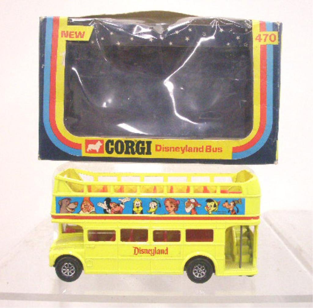 1976 Corgi Toys Disneyland Bus: 1976 Corgi Toys die cast metal #470 London Transport Routemaster Disneyland bus with box. CONDITION: Very good with no damage, box has wear.