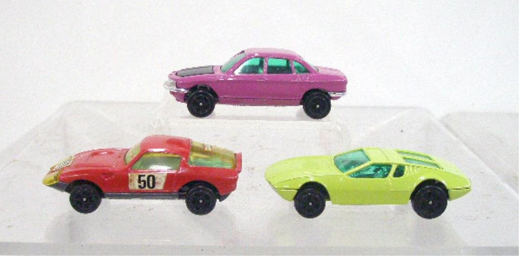1960's Corgi Juniors Whizzwheels Cars: Three 1960's Corgi Toys die cast metal Corgi Junior Whizzwheels cars, N.S.U. R080, Austin Healy Le Mans Sprite and De Tomaso Mangusta. CONDITION: Very good with no damage.