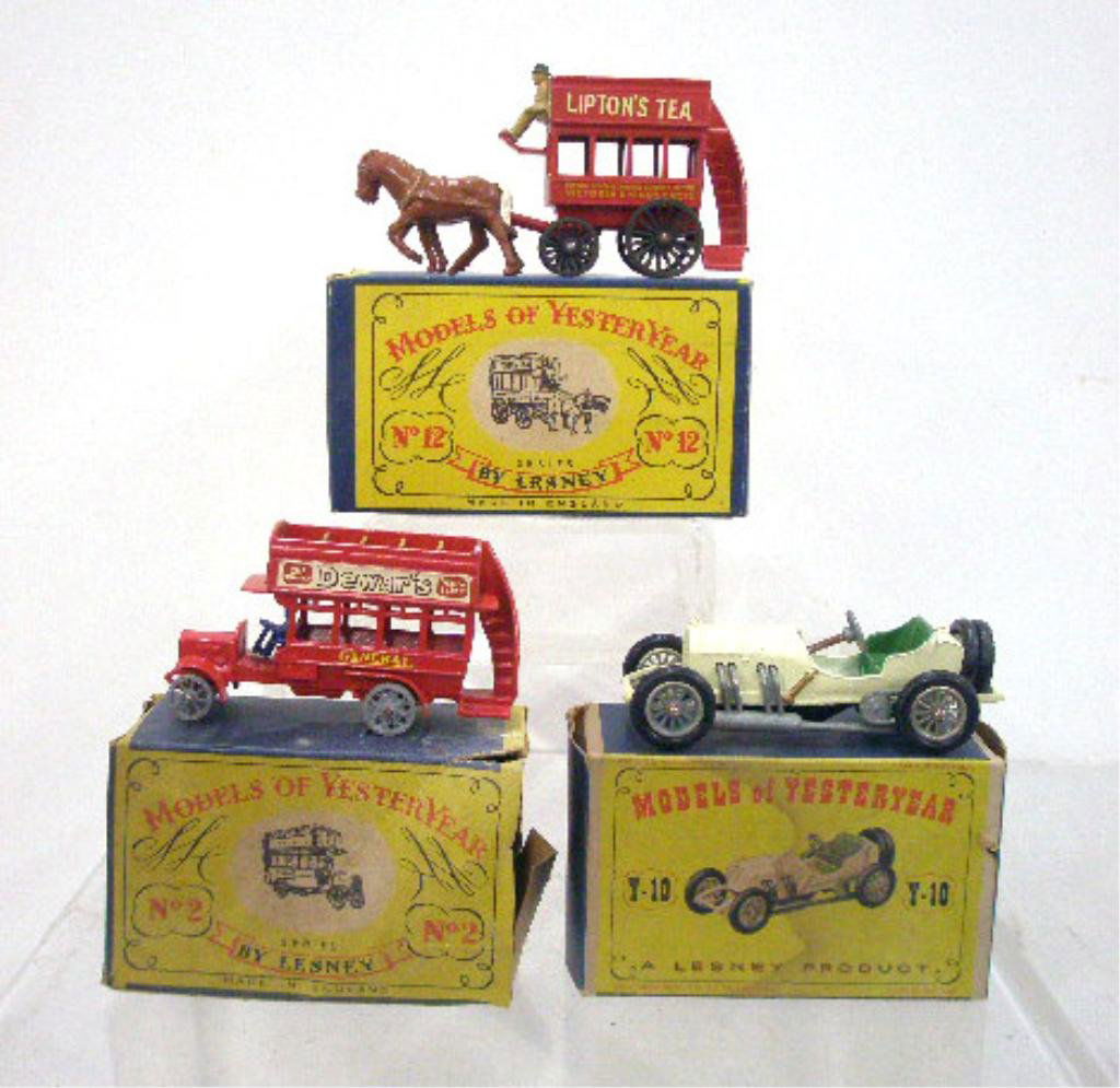 1950's Matchbox Models of Yesteryear Vehicles: Three 1950's Matchbox Models of Yesteryear die cast vehicles with boxes, 1955 #Y-2 "B" type bus, 1957 #Y-10 Grand Prix Mercedes racing car and 1957 #Y-12 horse drawn bus. CONDITION: Very good with no