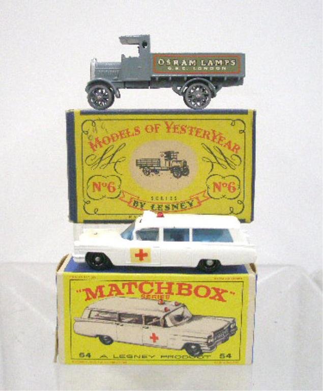 1950's & 1960's Matchbox Vehicles: 1950's and 1960's Matchbox die cast metal vehicles with boxes, 1955 Models of Yesteryear #Y-6 A.E.C. "Y" type Lorry truck and 1965 #54 S & S Cadillac ambulance. CONDITION: Very good with no damage, bo