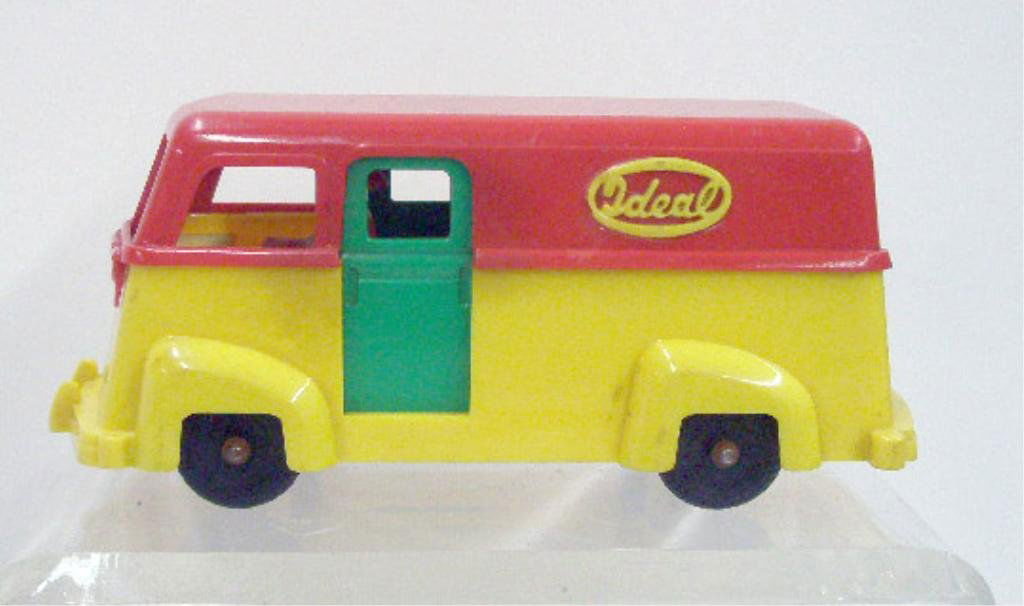 1950's Ideal Plastic Delivery Truck: 1950's Ideal Toy Co. hard plastic delivery truck. CONDITION: Portion of back bumper is missing, rust on metal tire bars.