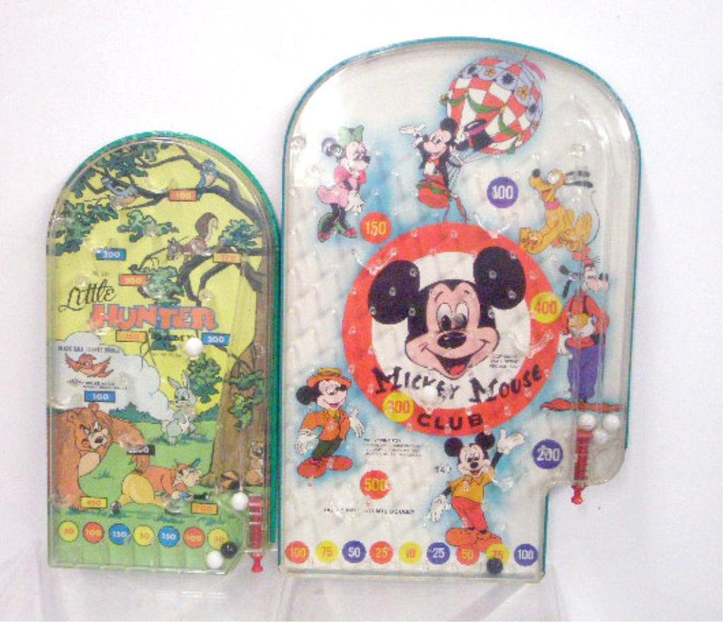 1960's Wolverine Toy Co. Pinball Games: 1960's Wolverine Toy Co. Little Hunter and Mickey Mouse Club pinball games. CONDITION: Fronts have minor wear, backs have wear and loss.