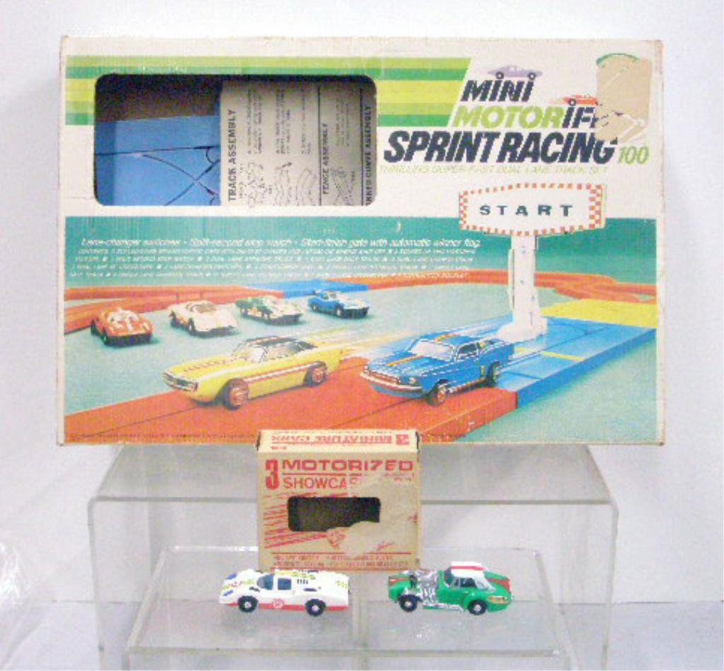 1969 Ideal Mini Motorific Slot Car Set: 1969 Ideal Toy Corp. Mini Motorific Sprint Racing 100 slot car set with box. CONDITION: Cars are very good with minor wear, missing pieces, box has wear.