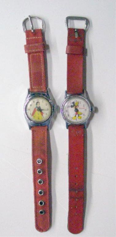 Mickey Mouse & Snow White Children's Watches: 1950's Ingersoll Mickey Mouse & U.S. Time Snow White children's watches. CONDITION: Both are running, but no guarantees, both have wear from usage.