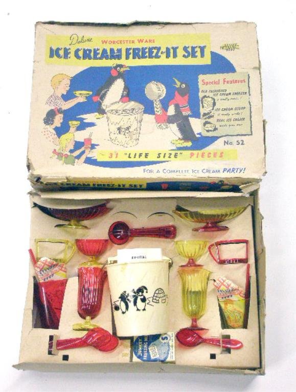 1950's Deluxe Ice Cream Freez-It Play Set: 1950's Worcester Toy Co. No. 52, Worcester Ware Deluxe Ice Cream Freez-it child's plastic play set with box. CONDITION: Complete except for 2 missing straws, pieces have minor wear, box has wear.