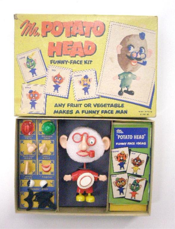 1950's Mr. Potato Head Funny Face Kit: 1950's Hasbro Industries Inc. No. 2000 Mr. Potato Head Funny Face Kit with box. CONDITION: Very good with 1 eye missing, box has wear.
