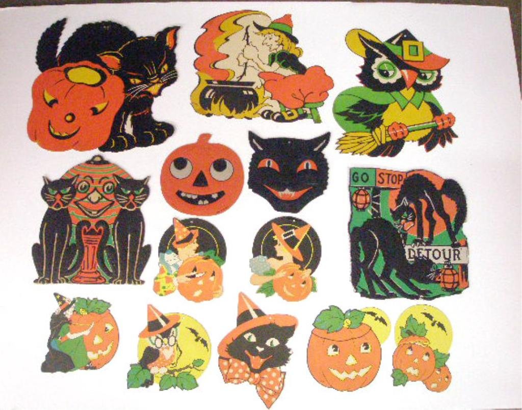 1940's & 1950's Halloween Decorations: Lot of 14 assorted 1940's & 1950's cardboard Halloween decorations. CONDITION: All have some form of wear.